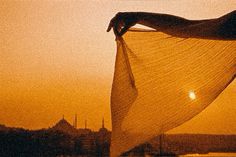 the silhouette of a woman's head and veil against an orange sky