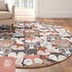 a living room area rug with various animals on it