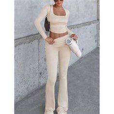 -Item Id 42399505 -Details: Ruched, Asymmetrical -Neckline: Square Neck -Sleeve Type: Regular Sleeve -Style: Casual -Color: Apricot -Pattern Type: Plain -Tops Sleeve Length: Long Sleeve -Tops Length: Crop -Top Type: Tee -Tops Material: Knitted Fabric -Bottom Type: Pants -Tops Composition: 95% Polyester, 5% Elastane -Tops Body: Unlined -Fit Type: Slim Fit -Fabric: Medium Stretch -Care Instructions: Machine Wash Or Professional Dry Clean -Sheer: No **Open To Offers!!!** **Bundle To Save More** **3 Winter Streetwear, Boutique Pants, 2 Piece Sets, Scoop Neck Long Sleeve, Asymmetrical Neckline, Flare Leg Pants, Plain Tops, Pants Casual, Fabric Medium