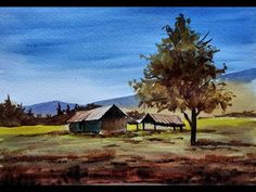 a painting of an old farm house in the middle of a field with a tree and mountains in the background