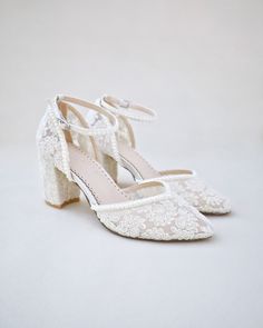 Ivory Bridal Lace Block Heel with Mini Pearls Wedding Short Heels, Dainty Wedding Shoes, Comfortable Wedding Heels, Shoes For Brides, Lace Wedding Shoes, Bride Heels, Shoes Details, Wedding Shoes Sandals, Wedding Shoes Vintage