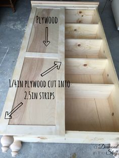 an unfinished drawer with measurements for the drawers and how to put them in place on it