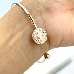 18k Gold Filled Saint Benedict Medal Coin, San Benito Coin Bangle Cuff Bracelet, Adjustable Bracelet, Wholesale Jewelry Making Supplies.Bracelet Size: -Length: 70mm / Width: 69mm Adjustable Gold Nickel-free Round Cuff Bracelet, Coin Bracelet Gold, Gold Nickel-free Bangle Charm Bracelet, Nickel-free Gold Bangle Charm Bracelet, Gold Coin Jewelry, Saint Benedict Medal, Benedict Medal, Accesories Jewelry, Gold Coin Necklace