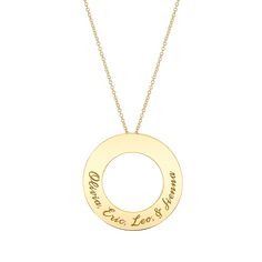 The 14k Grand Personalized Circle Disc can fit up to 30 characters. Tell your story by adding the names of your loved ones or a phrase that means the world to you.

Size: 30mm (~1.25") Diameter

Hidden bale on back
Solid 14K Gold
Lifetime Guarantee
Made in Los Angeles Custom Gold Jewelry, Personalized Gold Jewelry, Special Gifts For Her, Solid Gold Necklace, Gold Gifts, Gold Engraving, Custom Name Necklace, Disc Necklace, Bar Bracelets