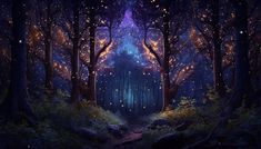 a forest filled with lots of trees covered in fireflies and glowing lights at night