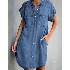 Denim Shirt Dress Women, Elegant Shirt Dress, Short Sleeve Denim Dress, Short Sleeve Denim Shirt, Marine Uniform, Denim Midi Dress, Dress Sleeve Length, Denim Dresses, Collared Shirt Dress