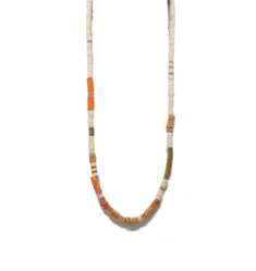 Woven beads on a beaded glass necklace Short: 16" plus .5" 14k gold extender Long: 27" Made in Brooklyn, New York LNSPL3620 - LNBLL3619 Artisan Single Strand Orange Beaded Necklace, White Heishi Beads Single Strand Jewelry, White Artisan Heishi Bead Jewelry, Artisan Hand-strung Heishi Beads Necklace, White Heishi Beads Single Strand Necklace, White Heishi Beads Artisan Jewelry, White Single Strand Heishi Beads Necklace, Artisan White Single Strand Beads, Hand-strung White Heishi Bead Jewelry