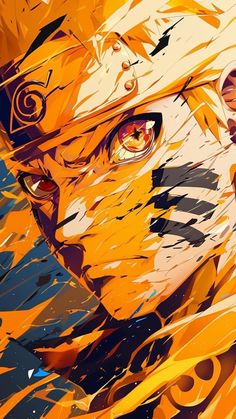 an anime character with red eyes and yellow hair is shown in the foreground, surrounded by bright orange paint splatches