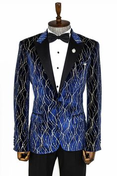 Slim Fit Navy Blue Gold Patterned Tuxedo Blazer – AlbertoNardoniStore Designer Fitted Suit With Double Button Closure, Designer Single Button Fitted Suit, Designer Fitted Single Button Suit, Royal Blue Notch Lapel Suits For Party, Luxury Slim Fit Long Sleeve Blazer, Royal Blue Tuxedo Blazer For Party, Blue Suits With Hidden Button Closure And Suit Collar, Tailored Royal Blue Party Suit, Royal Blue Tailored Party Suit