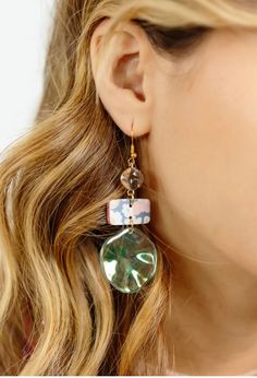 Laney's clear gemstone with cork floral leather and iridescent acrylic circle Trendy Round Glass Jewelry, Trendy Clear Resin Jewelry, Trendy Clear Glass Jewelry, Iridescent Acrylic, Acrylic Earrings, Cork, Gemstones, Floral, Leather