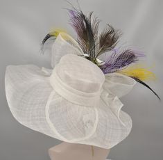 White Wide Brim Sinamay Hat Kentucky Derby Hat W Yellow Lavender Green Purple Lily Silk Flower Peacock Feathers Wedding Hat, Easter Hat - Etsy Adjustable Wedding Hat With Feather Trim, Curved Brim Mini Hat With Feathers For Wedding, Feathered Hats For Church, Feathered Church Hats, Wedding Mini Hat With Feather Trim And Curved Brim, Fitted Church Hat With Feathers, Wedding Mini Hat With Feathers And Curved Brim, Wedding Mini Hat With Feather Trim, Curved Brim Mini Hats With Feathers For Church