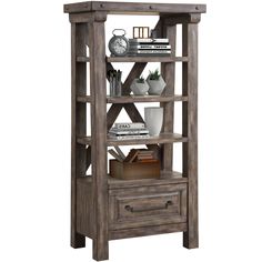 an open bookcase with drawers and books on it's sides, against a white background