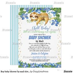 a baby shower with a slotty on it's back and blue flowers in the background