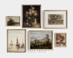 five paintings are hanging on the wall in front of each other, including flowers and boats