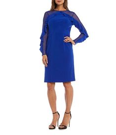 R & M Richards Crew Neck Mesh Sleeve Ruffle Detail Knee Length Dress | Dillard's Fitted Long Sleeve Nylon Dress, Elegant Nylon Dress With Sheer Sleeves, Elegant Long Sleeve Nylon Dress, Evening Dresses With Sheer Sleeves In Nylon, Elegant Dress With Sheer Sleeves In Nylon, Fitted Knee-length Nylon Dress, Fitted Nylon Knee-length Dress, Elegant Stretch Nylon Bodycon Dress, Elegant Nylon Bodycon Dress