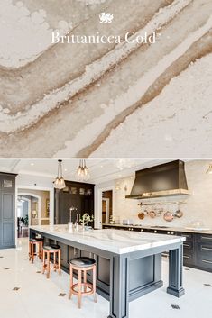 two pictures of a large kitchen with marble counter tops and an island in the middle