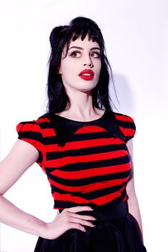 Lydia Striped Top - shopjessicalouise.com Fitted Black Top With Vertical Stripes, Vertical Striped Fitted Tops, Black Fitted Top With Contrast Stripes, Fitted Black Top With Contrast Stripes, Black Short Sleeve Top With Striped Collar, Red Short Sleeve Tops With Vertical Stripes, Fitted Top With Striped Sleeves, Red Fitted Retro T-shirt, Retro Fitted Top With Vertical Stripes