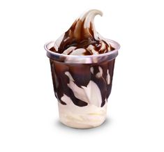 an ice cream sundae with chocolate swirls in a plastic cup on a white background