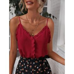 This Top Is Made Of 100% Polyester, And Features A Spaghetti Sleeve And A Ruffle Trim. Fits True To Size. Fabric Offers No Extra Stretch. Length Is Approximately 23'' From Shoulder To Hem. Model Is 5'7'' And Wearing A Small. See Sizing Chart For Recommendations! 523 Wide Straps Top, Backless Cami Top, Preppy Prom, Business Formal Dress, Formal Dresses Gowns, Women Tank Tops, Professional Dresses, Shein Tops, Ball Dresses