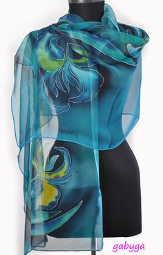 Blue Hand painted silk scarf/Paintng silk scarf/Hand painted Blue Summer Party Dupatta, Blue Dupatta For Summer Parties, Blue Party Dupatta For Summer, Summer Party Blue Dupatta, Scarf Painting, Luxury Silk Scarves, Blue Silk Scarf, Silk Chiffon Scarves, Present Birthday