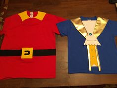 two children's shirts made to look like cartoon characters, one is red and the other is blue