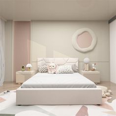 a white bed sitting in the middle of a bedroom next to a pink and white wall