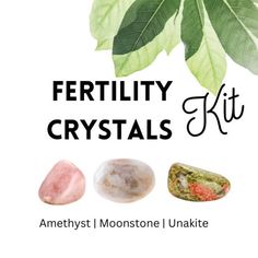 the fertility crystals kit includes three different types of rocks, leaves and stones