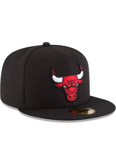 This Chicago Bulls Black Fitted Hat features a team logo embroidered on the front. You'll be ready to show your Bulls pride with this Cap! Go Bulls! Team logo embroidered on the front, New Era flag embroidered on the left side, Alternate team logo embroidered on the back, 100% Polyester, Fitted 59FIFTY sizing, Structured crown, Flat bill that can be curved to fit, Polyester Classic Black Fitted Hat For Sports, Classic Black Snapback Hat For Sports Events, Fan Gear Hats With Team Logo And Curved Brim, Curved Brim Hats With Team Logo For Fan Gear, Black Flat Bill Fitted Hat For Sports Events, Classic Flat Bill Hats For Fan Gear, Classic Flat Bill Fan Gear Hats, Black Fitted Hat With Flat Brim For Sports Events, Black Fitted Hat With Flat Brim For Sports