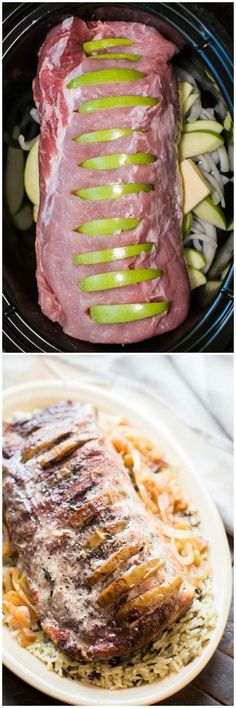 two pictures showing different types of meat in the same pan and one with vegetables on it