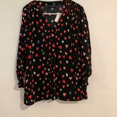 Nwt Rachel By Rachel Roy Heart Patterned Blouse. Size L. Features V Neck And Elastic Detailing On Cuffs And Shoulder Area. Material Is Soft And Lightweight. Spring Heart Print V-neck Top, Fitted Summer Blouse With Heart Print, Casual Fitted Blouse With Heart Print, Fitted Heart Print Blouse, Fitted Heart Print Blouse For Summer, Heart Print V-neck Top For Spring, Spring V-neck Top With Heart Print, Fitted Heart Print Blouse For Spring, Spring Black Top With Heart Print