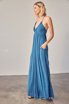 WOOVEN JUMPSUIT Size + Fit - Model is wearing size S - Measurements taken from size S - 5'9" / 175CM - 32-24-34 Blue Sleeveless Jumpsuit With Smocked Back, Sleeveless Blue Jumpsuit With Smocked Back, Blue Backless Halter Dress With Tie Back, Blue Jumpsuits And Rompers With Smocked Back For Beach, Blue Backless Halter Top With Tie Back, Blue Backless Halter Top For Poolside, Blue Backless Halter Top For Beachwear, Blue Backless Halter Dress For The Beach, Blue Jumpsuit With Smocked Back