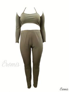 Eromis - Premium Womens Plus Size Ribbed Halter Neck Crop Top, Oversleeve, and Pants Set - Medium Stretch 3-Piece Ensemble Two-piece Stretch Set With Long Sleeves, Two-piece Stretch Long Sleeve Set, Fitted Solid Color 2 Piece Set, Fitted Solid Color 2-piece Set, Solid Color Fitted 2-piece Set, Stretch Long Sleeve Two-piece Sets, 2 Piece Long Sleeve Stretch Sets, Fitted Khaki Sets For Spring, Stretch Two-piece Pant Set For Loungewear