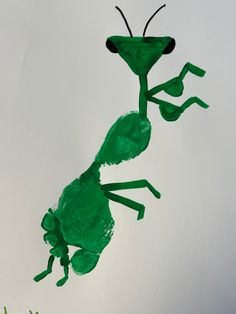 a paper plate with a drawing of a green insect on it's back legs