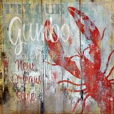 a painting of a red lobster on a wooden plank with the words guco new orleans