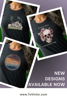 the front and back of a women's t - shirt with skulls on it