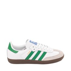 adidas Samba OG Athletic Shoe - Cloud White / Green | Journeys Sporty Leather Skate Shoes With Three Stripes, Leather Sporty Skate Shoes With Three Stripes, Leather High-top Striped Sneakers, Leather High-top Sneakers With Stripes, Leather Lace-up Skate Shoes With Three Stripes, Leather Sneakers With White Sole And Three Stripes, Green Adidas, Adidas Samba Og, Converse New