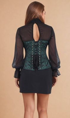 Experience the luxurious feel of satin with our Natalie Green Overbust Corset. This stunning corset is designed with a beautiful satin print, elevating any outfit with a touch of sophistication. Its overbust design provides excellent support and shaping, making you feel confident and comfortable all day. Upgrade your style with our Natalie Green Overbust Corset. Best for Height : 5'.3" and Above Bone Casing : All bones are placed under cotton bone casing Boning : 10 Spiral Steel Bones & 4 Flat Steel Bones Dimensions : Center Front - 15" / Back - 13" / Side - 12" Fabrics : Shell Fabric - Satin with Chiffon/ Lining-100% Cotton Lacing : 6.5-7 Mtr long back lacing Modesty Panel : 6 inches wide Opening : Metal busk front opening Pattern Name : Wanda Suspender Loops : 6 loops Please Note : The c Green Fitted Corset Dress For Formal Events, Green Fitted Corset Dress For Formal Occasions, Elegant Underbust Corset For Costume Party, Fitted Underbust Corset Belt For Formal Occasions, Elegant Underbust Bodice For Costume Party, Elegant Stretch Underbust Corset Dress, Elegant Underbust Corset With Satin Finish, Underbust Satin Corset With Satin Finish, Fitted Satin Corset