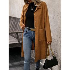 -Item Id 41044093 -Details: Pocket, Button -Neckline: Collar -Placket: Single Breasted -Sleeve Type: Regular Sleeve -Style: Casual -Type: Other -Hem Shaped: Asymmetrical -Color: Brown -Pattern Type: Plain -Sleeve Length: Long Sleeve -Length: Knee Length -Fit Type: Loose -Fabric: Non-Stretch -Material: Corduroy -Composition: 97% Polyester, 3% Elastane -Care Instructions: Machine Wash Or Professional Dry Clean -Lined For Added Warmth: No -Temperature: Spring/Fall (18-25/63-77) -Belt: No -Pockets: Solid Outerwear With Button Closure For Everyday, Chic Button-up Solid Color Outerwear, Chic Outerwear With Buttoned Pockets, Collared Single Breasted Outerwear For Day Out, Casual Solid Color Outerwear For Office, Single Breasted Collared Outerwear For Day Out, Collared Single-breasted Outerwear For Day Out, Everyday Fall Outerwear In Solid Color, Chic Button-up Everyday Outerwear