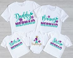 the mermaid squad family shirts are white and pink