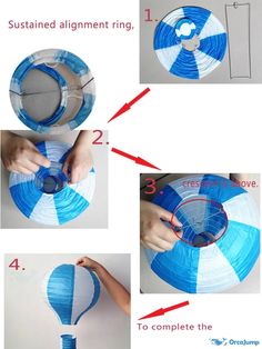 instructions to make a paper lantern with blue and white stripes on the top, bottom and bottom