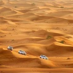 three cars driving through the desert in sand dunes