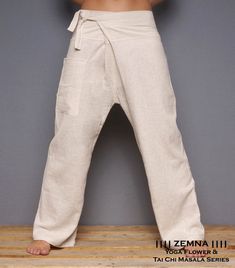 Alternative design of Fisherman Pants by Zemna for women and man made from traditional hand-woven Indian cotton. Ideal for yoga, Tai Chi and other physical exercises as well as daily outfit. Size S - M size: Lower waist: max 36 inches / 96 cm Full length: 37 inches / 94 cm Colors: white non bleached,black and natural cream (non bleached) Size M-L: Lower waist: max 40 inches / 102 cm Full length: 40 inches / 102 cm + inside seem 1,5 inch/ 4 cm Colors: white - non bleached,black and natural cream Pantalon Thai, Indian Pants, Alternative Design, Thai Fisherman Pants, Yoga Men, Fisherman Pants, Mens Linen Pants, Wrap Pants, Hippie Pants