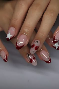 Red With Design Nails, Russian Manicure Design Fall, Thanksgiving Almond Nails Designs, Red Almond Nail Ideas, Nail Ideas Builder Gel, Aesthetic Nails 2024, Cool Nails 2024, Basic Nail Designs Simple, Red Nails Design Ideas Classy