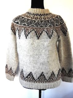 Wonderful winter sweater made from thick Lopi wool in natural colors.  Icelandic yoke pattern. Hand knit in Canada. Worn several times. There is a little bit of pilling, easily removed, and the knit is not matted.  Still looks fresh.  Clean and ready to wear. All in all, very decent vintage condition.  This will be the warmest sweater you will likely ever put on....and the classiest for cold winter days. Size is approximate- Women's S-M. More accurately, the chest is  42-44" , the arms are 27" f Yoke Pattern, Icelandic Wool Sweaters, Farm Chic, Wool Pullover, Winter Sweater, Warm Sweaters, Winter Days, Sweater Making, Natural Colors