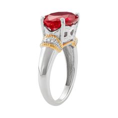 Expect compliments when you don this stunning lab-created ruby and diamond accent ring. Click on this JEWELRY & WATCHES GUIDE to learn about fit, styles, materials and more!RING DETAILS Width: 0.40 in. Metal: sterling silver Plating: 14k gold, rhodium STONE DETAILS Stone type: lab-created ruby Total weight: 6 ct. Shape: oval Setting: prong DIAMOND DETAILS Total weight: less than 1/10 ct. Shape: single cut Color grade: I-J Clarity: I2-I3 Setting: pave Gemstones may have been treated to enhance th Classic Ring With Prong-set Lab-created Ruby, Formal Birthstone Ring With Lab-created Ruby, Classic Lab-created Ruby Rings For Promise, Promise Ring With Lab-created Ruby And Accent Stones, Classic Promise Ring With Lab-created Ruby, Anniversary Lab-created Ruby Birthstone Ring With Center Stone, Anniversary Birthstone Ring With Center Stone And Lab-created Ruby, Anniversary Birthstone Ring With Center Stone, Red Cubic Zirconia Ring With Diamond Accents