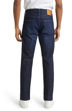 A classic faded wash elevates stylish jeans cut from stretchy Japanese denim for a flexible feel. 13" leg opening; 9 1/2" front rise; 14" back rise ( size 29x33 ) Zip fly with button closure Five-pocket style 98% cotton, 2% elastane Machine wash, tumble dry Imported Men's Clothing Modern Straight Fit Dark Wash Jeans, Dark Wash Straight Leg Jeans With Zip Fly, Classic Dark Wash Jeans With Zip Fly, Modern Straight Fit Denim Jeans, Modern Dark Wash Straight Fit Jeans, Modern Straight Dark Wash Jeans, Slim Fit Selvedge Denim Bottoms, Classic Slim Dark Wash Bottoms, Classic Dark Wash Slim Bottoms