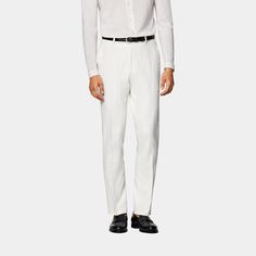 Tailored to a regular fit with a straight leg for a more relaxed appeal, these off-white Milano pants are the perfect balance of style, refinement, and comfort White Tailored Pants For Semi-formal Occasions, White Semi-formal Bottoms With Welt Pockets, Elegant White Straight Dress Pants, White Slim Fit Dress Pants For Business Casual, Elegant Fitted White Dress Pants, White Slim Fit Straight Leg Dress Pants, White Slim Fit Bottoms For Business Casual, White Pants With Welt Pockets For Summer, Modern White Formal Pants