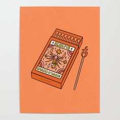 an orange card with a drawing of a matchbox and matchestick on the front