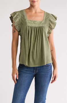 An embroidered yoke highlights the front of this cute all-cotton top, framed with fluttery sleeves. Square neck Short sleeves 100% cotton Machine wash, tumble dry Imported Concert Looks, Square Neck Top, Designer Crossbody Bags, Sweaters And Leggings, Comfortable Dress, Tie And Pocket Square, Cotton Top, Toddler Sizes