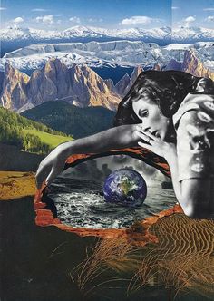 an artistic collage of a woman with mountains in the background